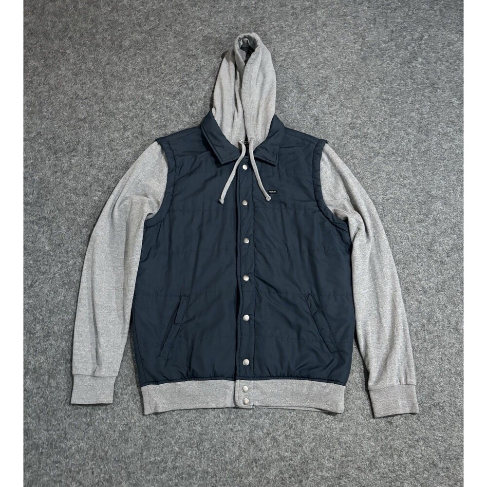 RVCA Hooded Quilted Jacket Mens Large Snap Button Hybrid Blue